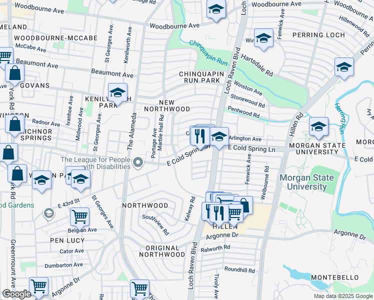 map of restaurants, bars, coffee shops, grocery stores, and more near 1322 East Cold Spring Lane in Baltimore
