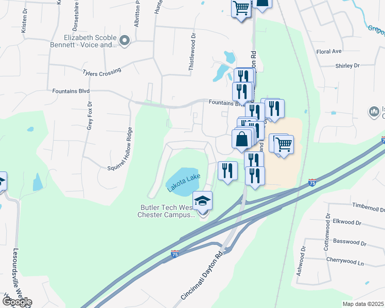 map of restaurants, bars, coffee shops, grocery stores, and more near 6757 Lakeside Drive in Butler County