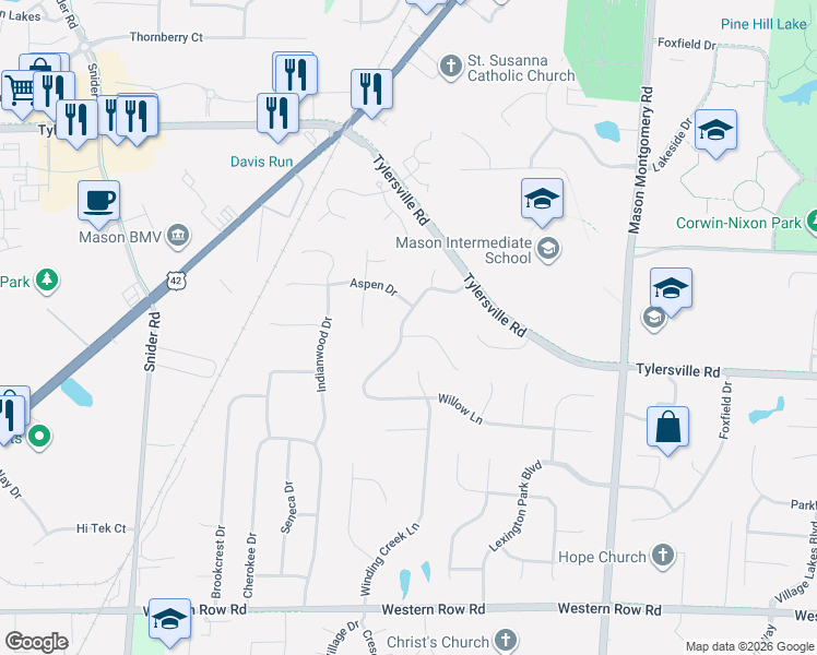 map of restaurants, bars, coffee shops, grocery stores, and more near 5481 Aspen Drive in Mason