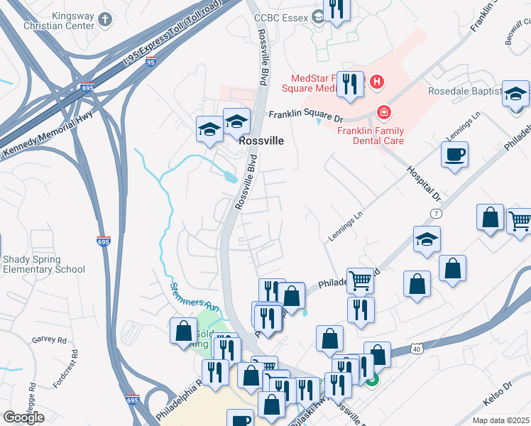 map of restaurants, bars, coffee shops, grocery stores, and more near 8821 Trimble Way in Rosedale