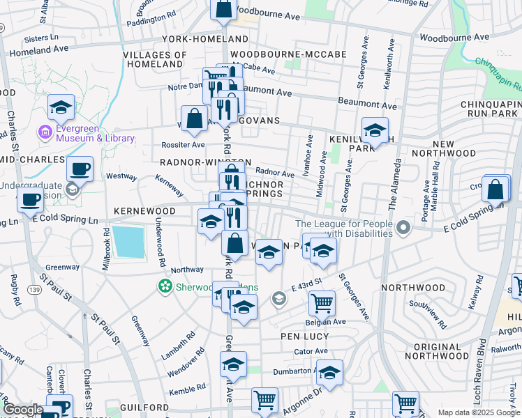 map of restaurants, bars, coffee shops, grocery stores, and more near 4723 Old York Road in Baltimore