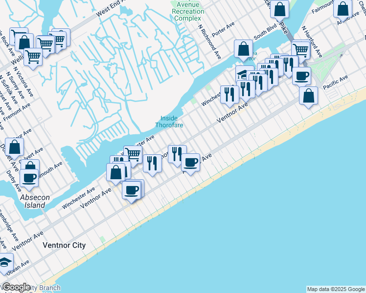 map of restaurants, bars, coffee shops, grocery stores, and more near 3 Newton Avenue in Atlantic City