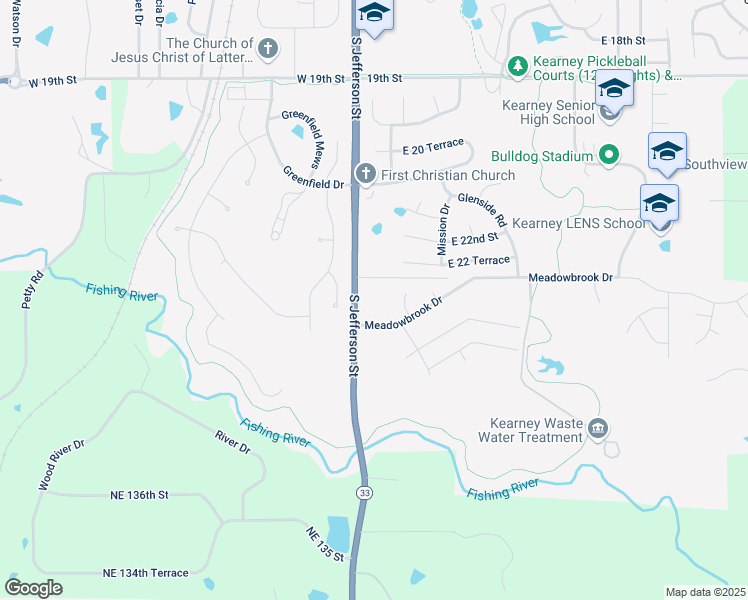 map of restaurants, bars, coffee shops, grocery stores, and more near 200 Meadowbrook Drive in Kearney