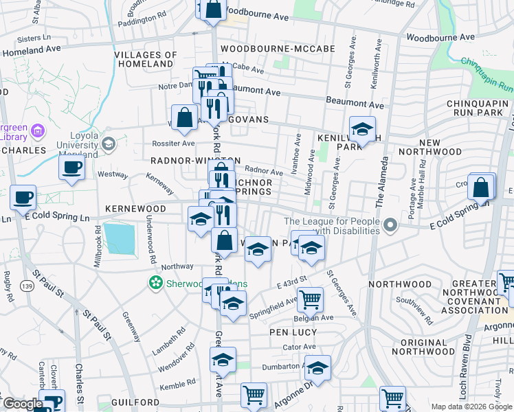map of restaurants, bars, coffee shops, grocery stores, and more near 4744 Alhambra Avenue in Baltimore
