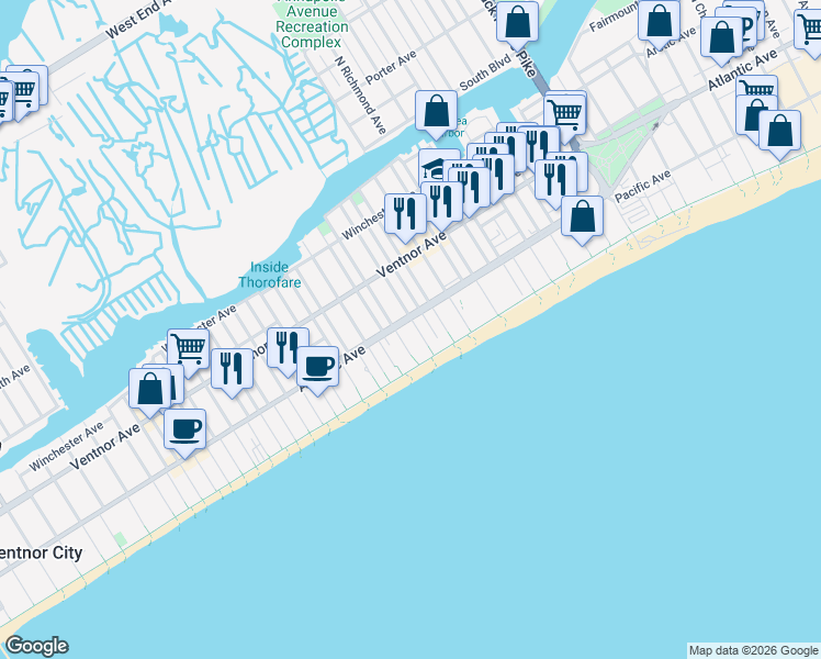 map of restaurants, bars, coffee shops, grocery stores, and more near 4401 Atlantic Avenue in Atlantic City