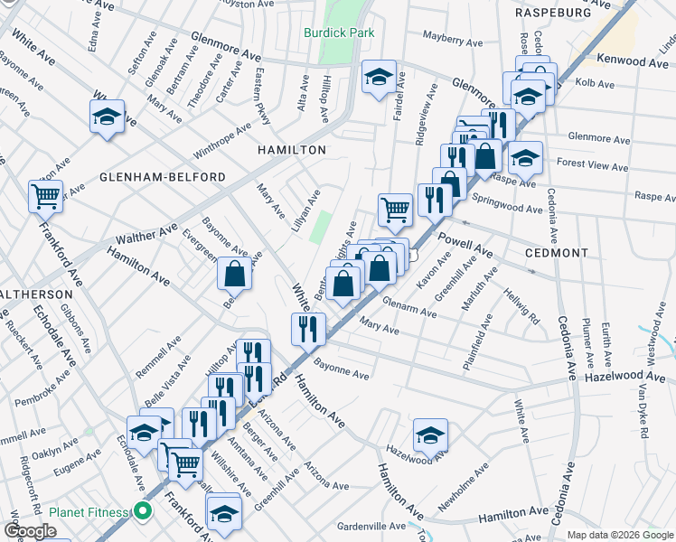 map of restaurants, bars, coffee shops, grocery stores, and more near 5849 Benton Heights Avenue in Baltimore