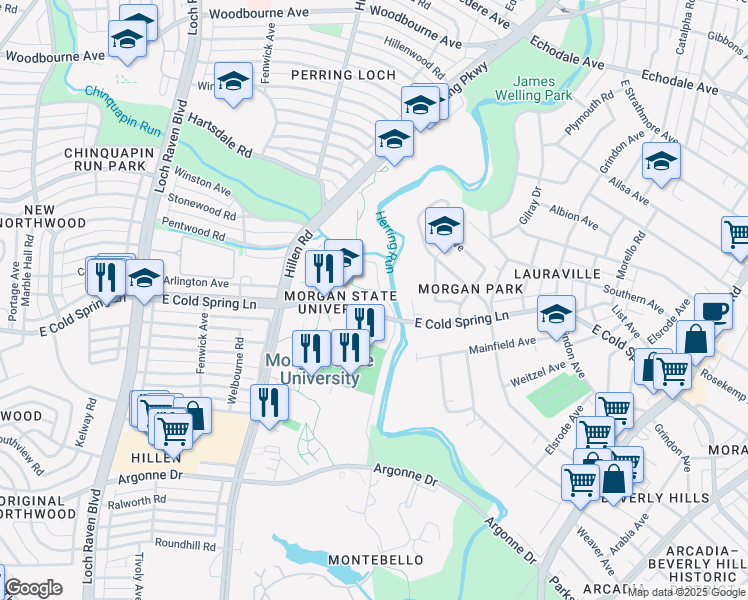 map of restaurants, bars, coffee shops, grocery stores, and more near 1700 East Cold Spring Lane in Baltimore