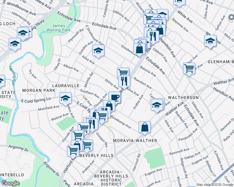map of restaurants, bars, coffee shops, grocery stores, and more near 4906 Harford Road in Baltimore