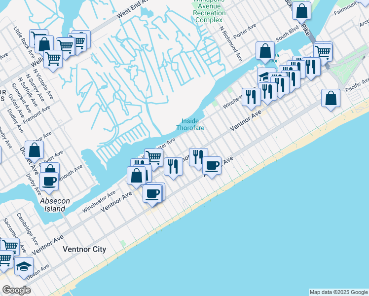 map of restaurants, bars, coffee shops, grocery stores, and more near 23 North Vassar Square in Ventnor City