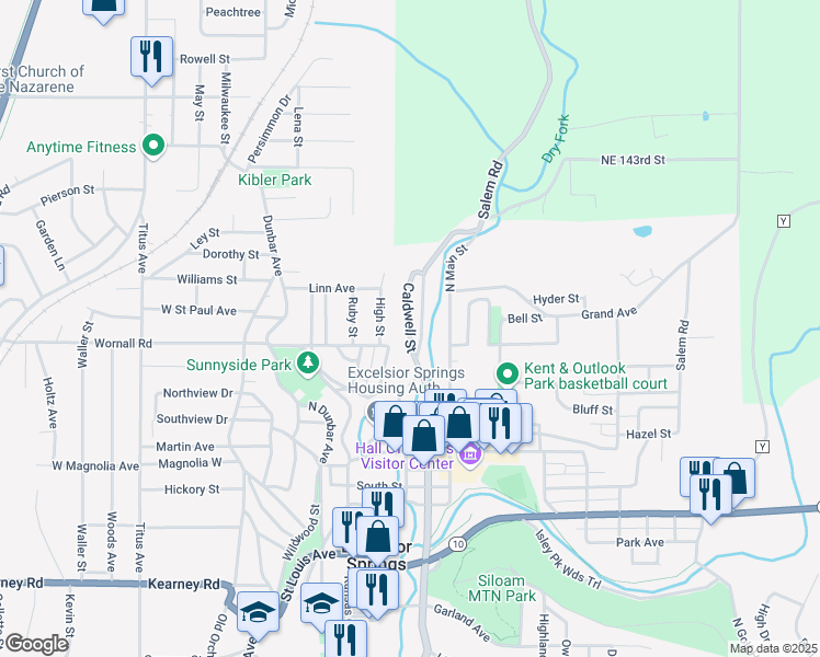 map of restaurants, bars, coffee shops, grocery stores, and more near 599 Caldwell Street in Excelsior Springs