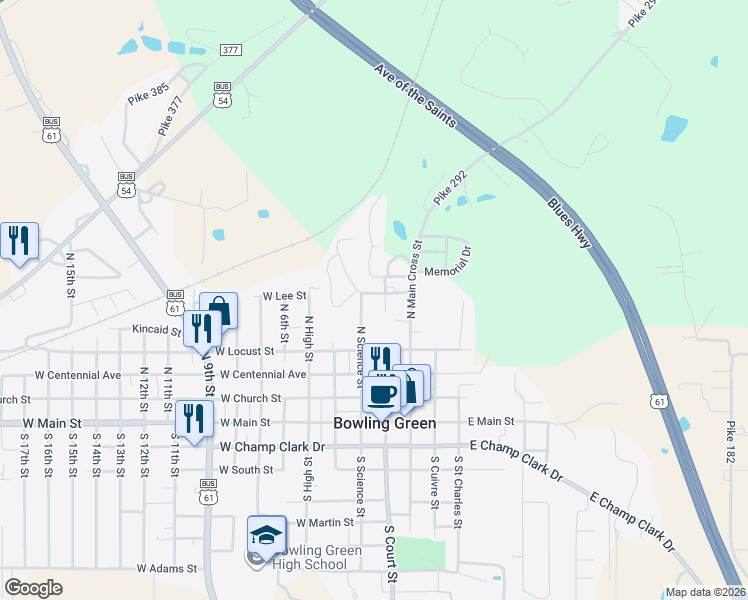 map of restaurants, bars, coffee shops, grocery stores, and more near 119 West Lee Street in Bowling Green