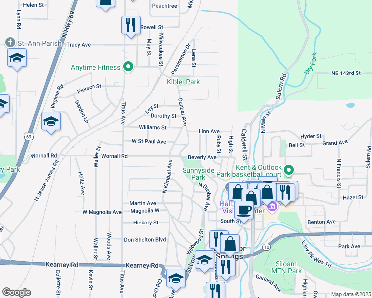 map of restaurants, bars, coffee shops, grocery stores, and more near 600 Dunbar Street in Excelsior Springs