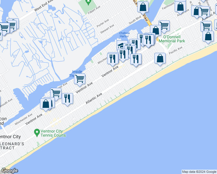 map of restaurants, bars, coffee shops, grocery stores, and more near 4501 Atlantic Avenue in Atlantic City