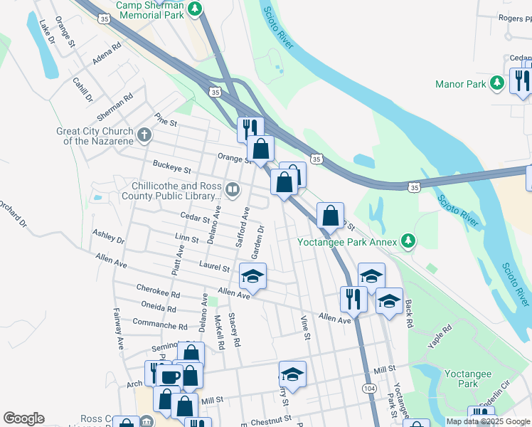 map of restaurants, bars, coffee shops, grocery stores, and more near 483 Caroline Drive in Chillicothe