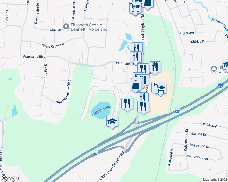 map of restaurants, bars, coffee shops, grocery stores, and more near 6827 Highland Greens Drive in Butler County