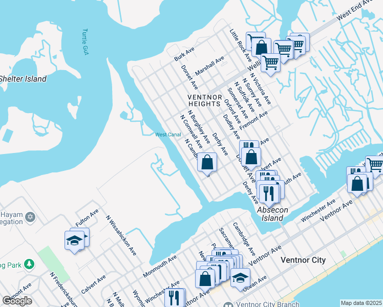 map of restaurants, bars, coffee shops, grocery stores, and more near 505 North Cambridge Avenue in Ventnor City