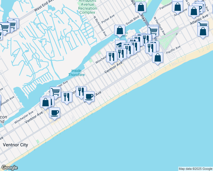 map of restaurants, bars, coffee shops, grocery stores, and more near 4503 Atlantic Avenue in Atlantic City
