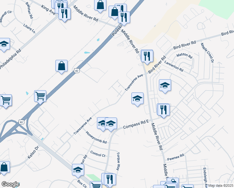 map of restaurants, bars, coffee shops, grocery stores, and more near 804 Thimbleberry Road in Middle River