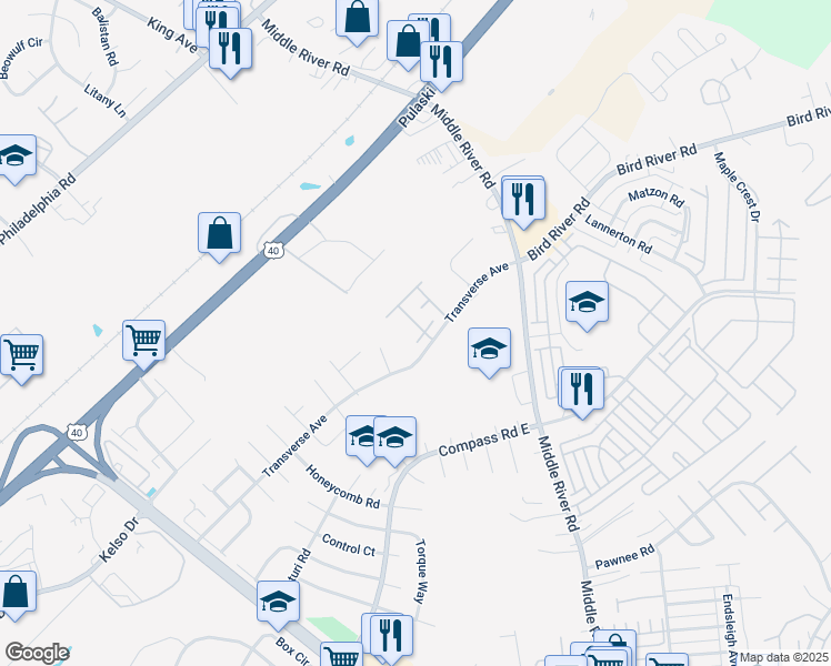 map of restaurants, bars, coffee shops, grocery stores, and more near 804 Thimbleberry Road in Middle River