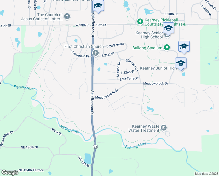 map of restaurants, bars, coffee shops, grocery stores, and more near 2208 Blue Bell Terrace in Kearney