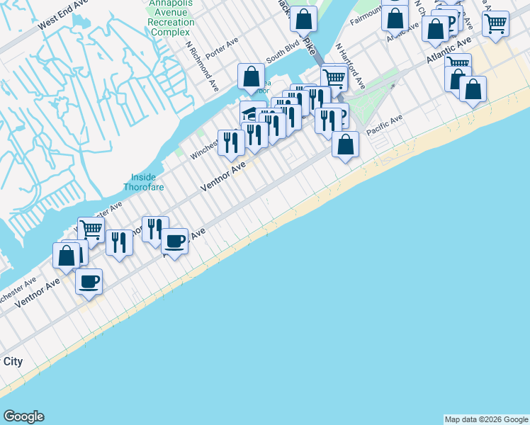 map of restaurants, bars, coffee shops, grocery stores, and more near 106 South Raleigh Avenue in Atlantic City