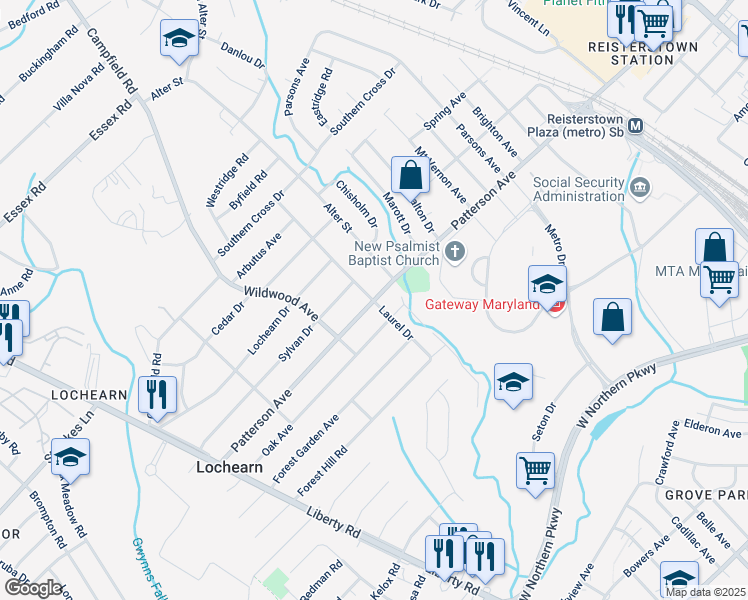 map of restaurants, bars, coffee shops, grocery stores, and more near 6601 Laurel Dr in Lochearn