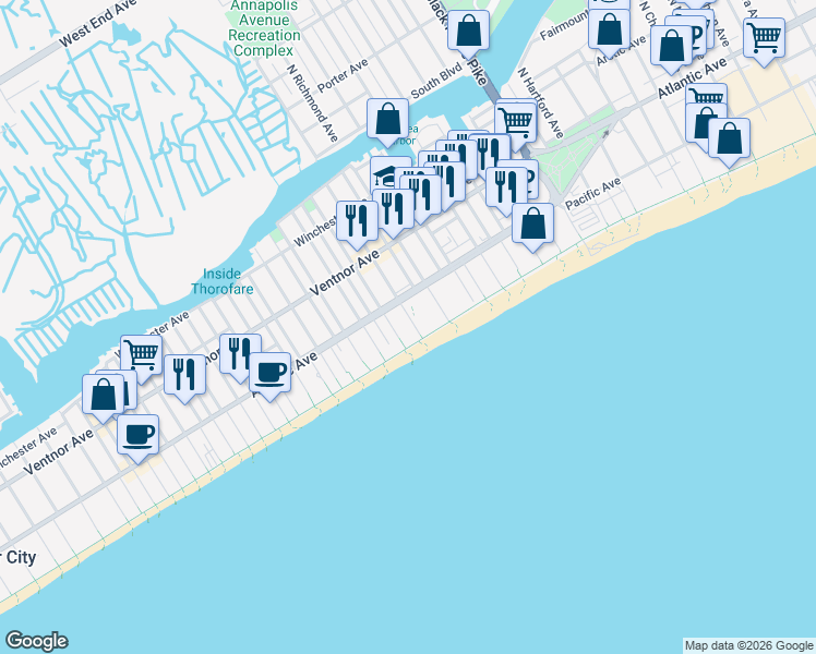 map of restaurants, bars, coffee shops, grocery stores, and more near 106 South Raleigh Avenue in Atlantic City