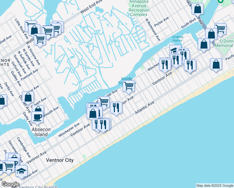 map of restaurants, bars, coffee shops, grocery stores, and more near 4904 Winchester Avenue in Ventnor City