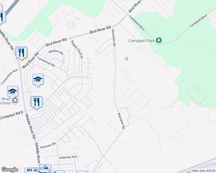 map of restaurants, bars, coffee shops, grocery stores, and more near 920 Wampler Road in Middle River