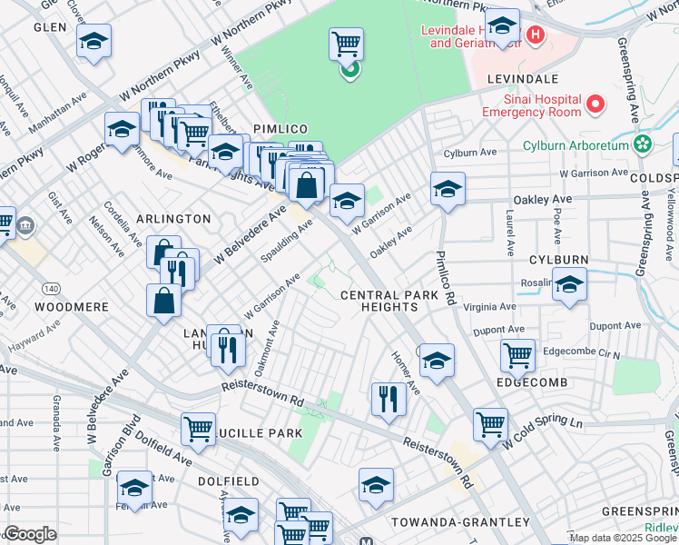 map of restaurants, bars, coffee shops, grocery stores, and more near 4975 Denmore Avenue in Baltimore