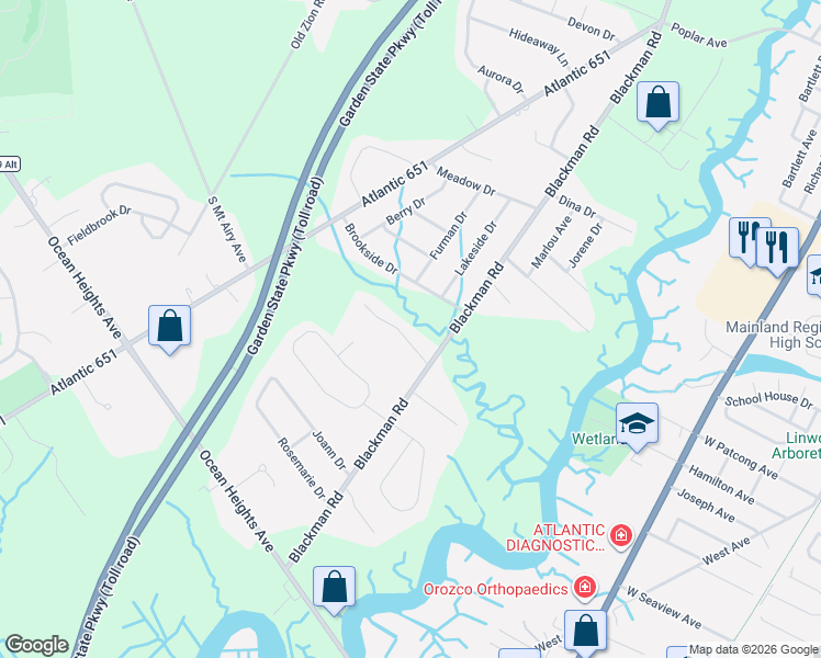 map of restaurants, bars, coffee shops, grocery stores, and more near 7 Brookside Drive in Egg Harbor Township