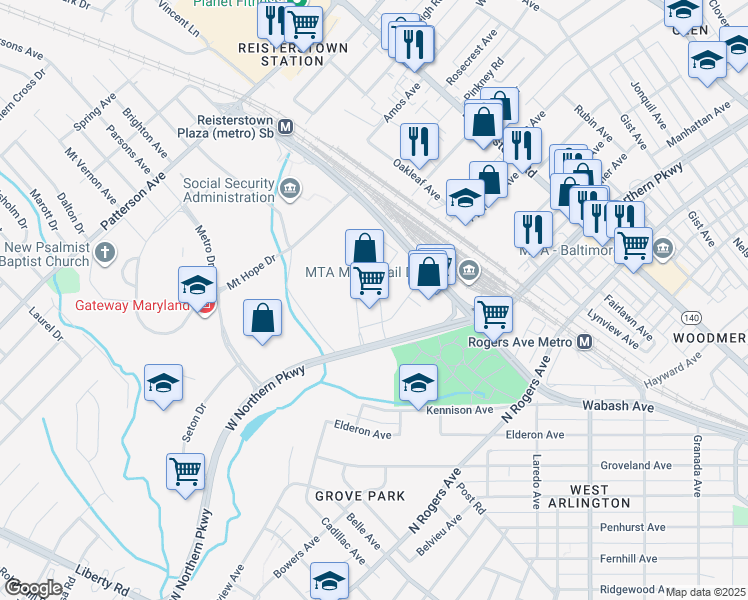 map of restaurants, bars, coffee shops, grocery stores, and more near 5710 Wabash Avenue in Baltimore
