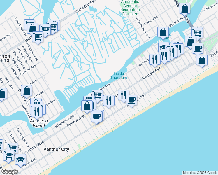 map of restaurants, bars, coffee shops, grocery stores, and more near 4904 Winchester Avenue in Ventnor City