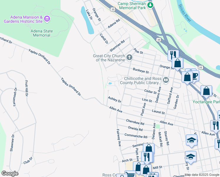 map of restaurants, bars, coffee shops, grocery stores, and more near 27 Woodbriar Drive in Chillicothe