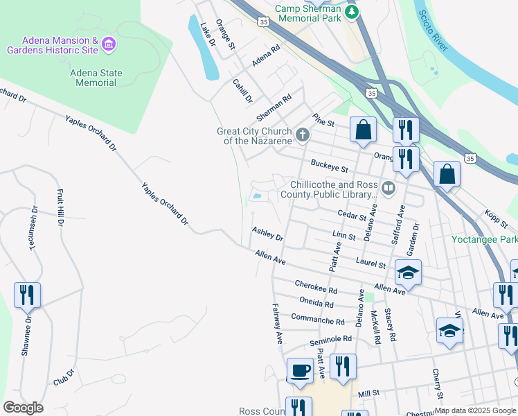 map of restaurants, bars, coffee shops, grocery stores, and more near 27 Woodbriar Drive in Chillicothe