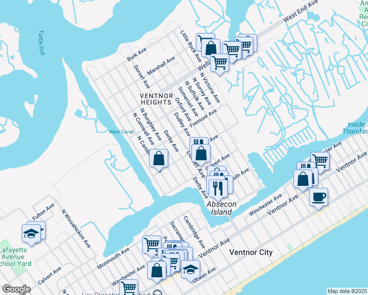 map of restaurants, bars, coffee shops, grocery stores, and more near 410 North Dorset Avenue in Ventnor City