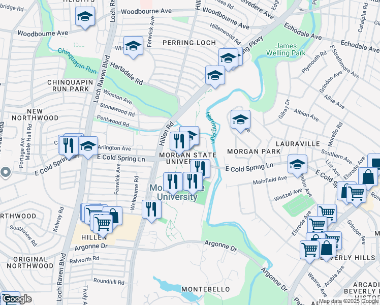 map of restaurants, bars, coffee shops, grocery stores, and more near 1700 East Cold Spring Lane in Baltimore