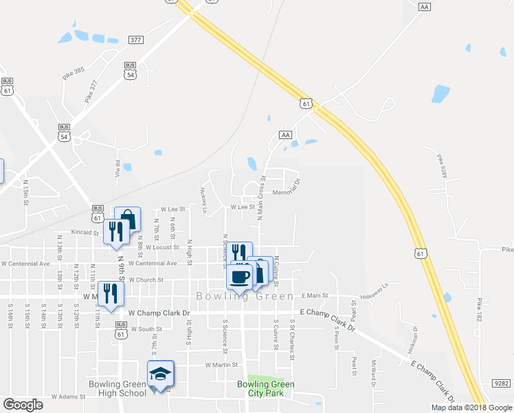 map of restaurants, bars, coffee shops, grocery stores, and more near 119 West Lee Street in Bowling Green