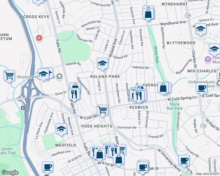 map of restaurants, bars, coffee shops, grocery stores, and more near 4603 Roland Avenue in Baltimore