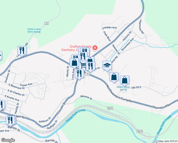 map of restaurants, bars, coffee shops, grocery stores, and more near 103 Blueville Dr in Grafton