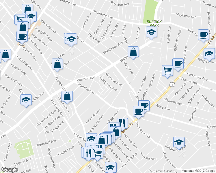map of restaurants, bars, coffee shops, grocery stores, and more near 3801 Evergreen Avenue in Baltimore