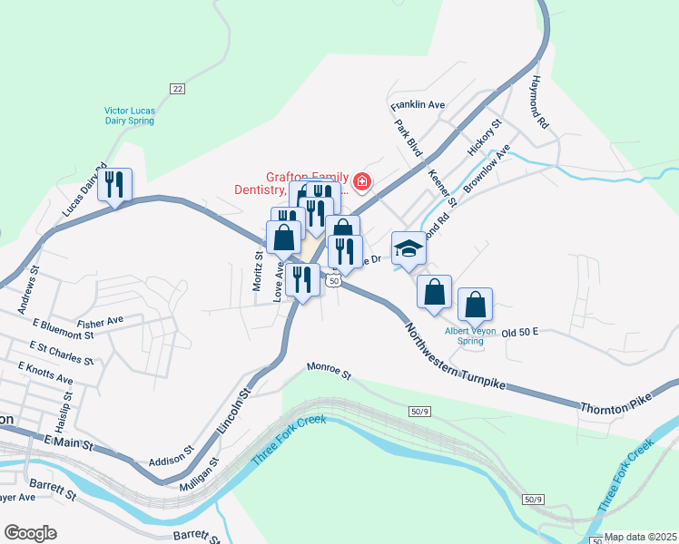 map of restaurants, bars, coffee shops, grocery stores, and more near 103 Blueville Dr in Grafton