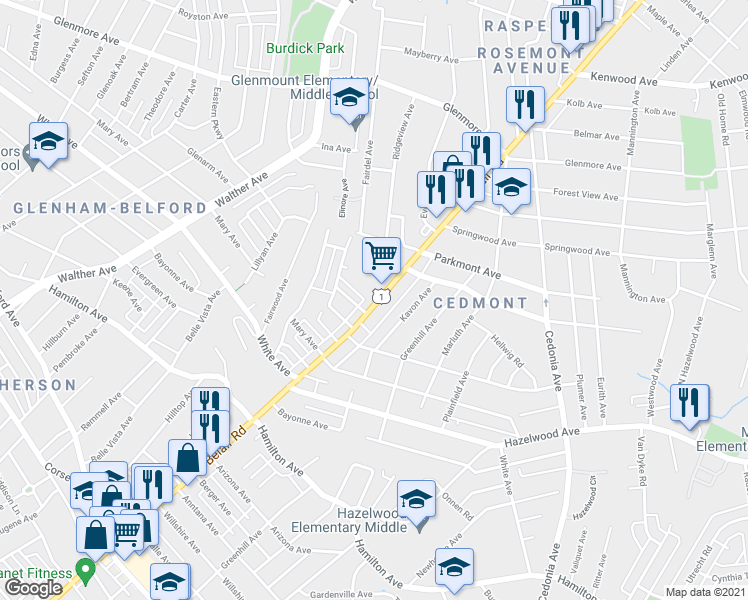 map of restaurants, bars, coffee shops, grocery stores, and more near 5930 Belair Road in Baltimore