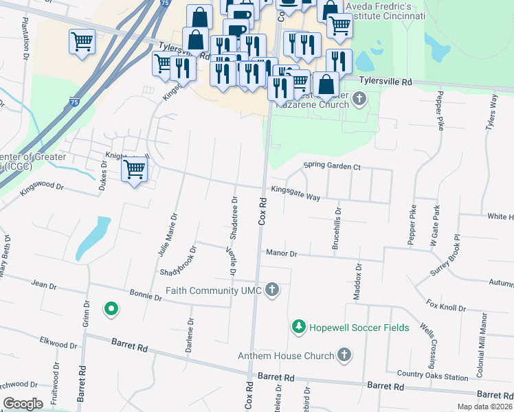 map of restaurants, bars, coffee shops, grocery stores, and more near 8069 Cox Road in Butler County