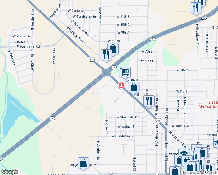 map of restaurants, bars, coffee shops, grocery stores, and more near 900-998 West Keegans Way in Greensburg