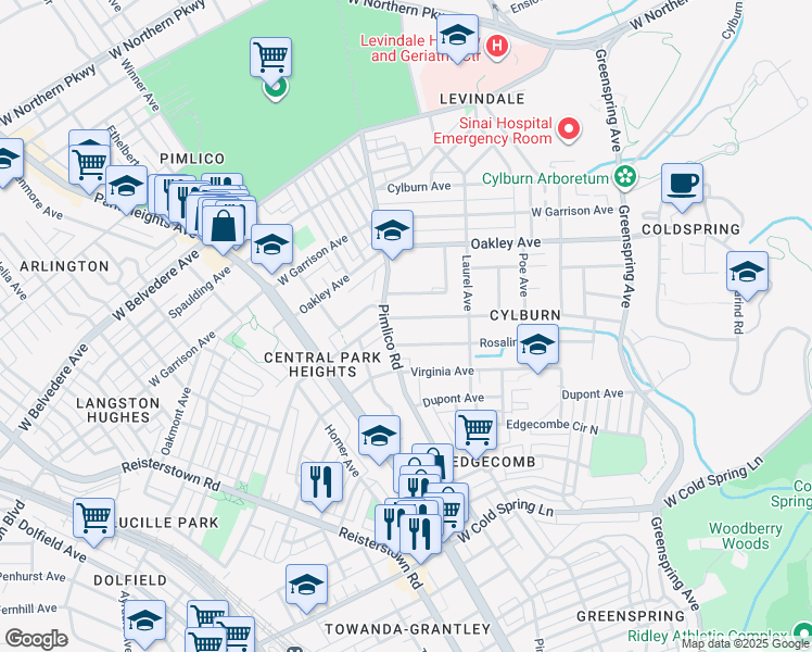map of restaurants, bars, coffee shops, grocery stores, and more near 2927 Woodland Avenue in Baltimore