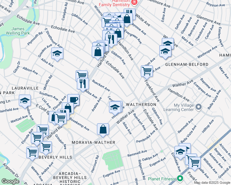 map of restaurants, bars, coffee shops, grocery stores, and more near 3304 Rueckert Avenue in Baltimore