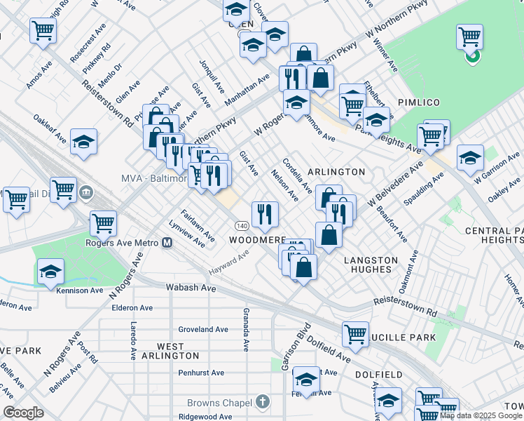 map of restaurants, bars, coffee shops, grocery stores, and more near 5305 Tippett Avenue in Baltimore