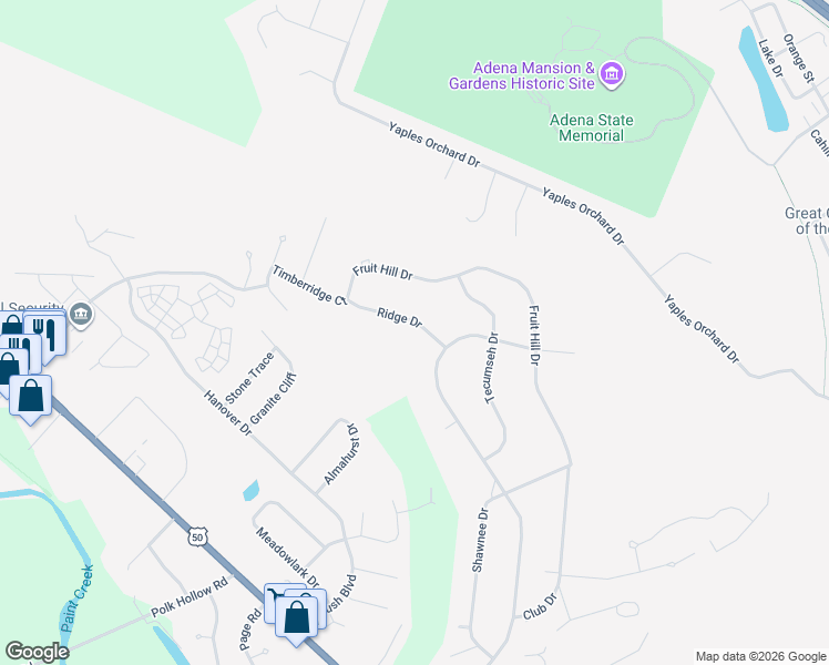 map of restaurants, bars, coffee shops, grocery stores, and more near 8 Ridge Drive in Chillicothe