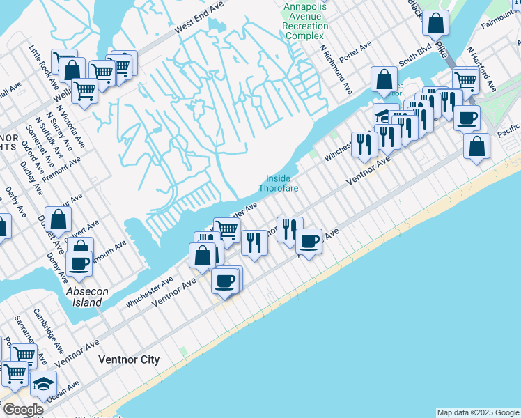 map of restaurants, bars, coffee shops, grocery stores, and more near 23 North Vassar Square in Ventnor City